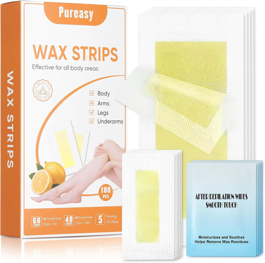 100 PCS Wax Strips for Hair Removal: 40 Facial & 60 Body Hair Removal Waxing Kit with Calming Oil Wipes - For Face, Eyebrow, Body, Arms, Legs, Bikini Area