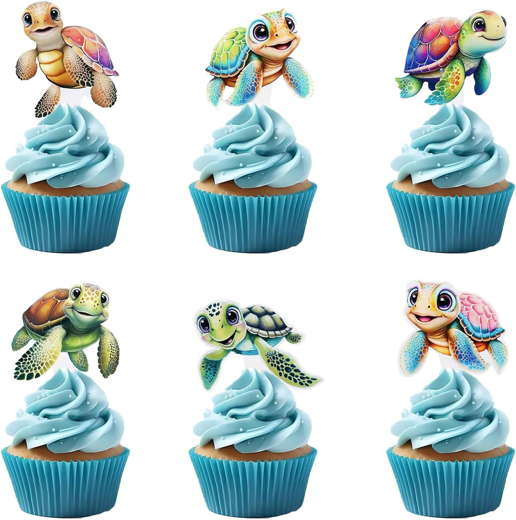 30Pcs Double Sided Turtle Cupcake Toppers Ocean Animals Theme Cake Toppers Decorations for Turtle Theme Boys Girls Birthday Party Baby Shower Supplies