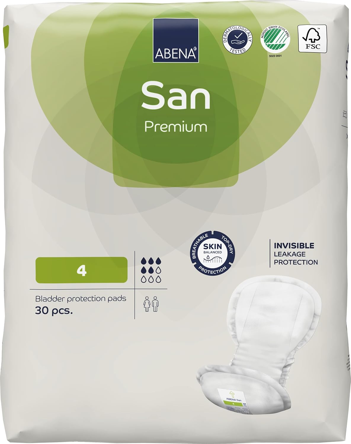 Abena San Premium Incontinence Pads, Moderate Absorbency, (Sizes 4 to 7), Size 4, 30 Count
