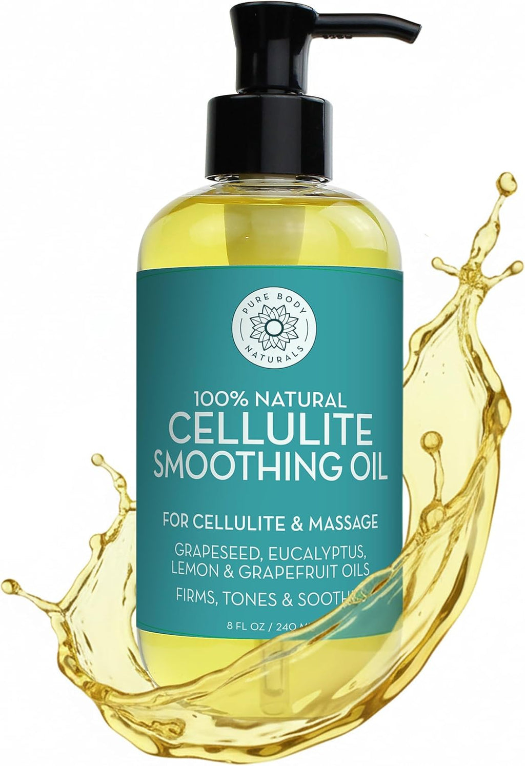 Pure Body Naturals Anti Cellulite Massage Oil, 8 fl oz | 100% Natural Cellulite Remover for Legs and Thighs | Chemical Free Firming Body Massage Oil for Women, Tightens Skin and Reduces Stretch Marks