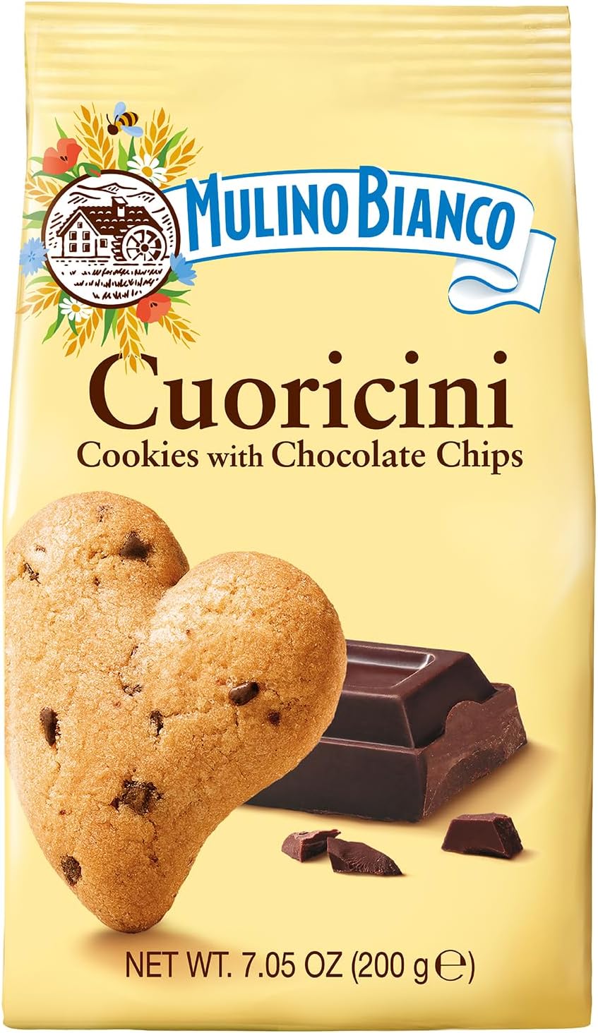 Mulino Bianco Cuoricini Cookies with Chocolate Chips | Heart-Shaped Italian Biscuits | No Palm Oil | Product of Italy | 7.05 Oz (200 g)