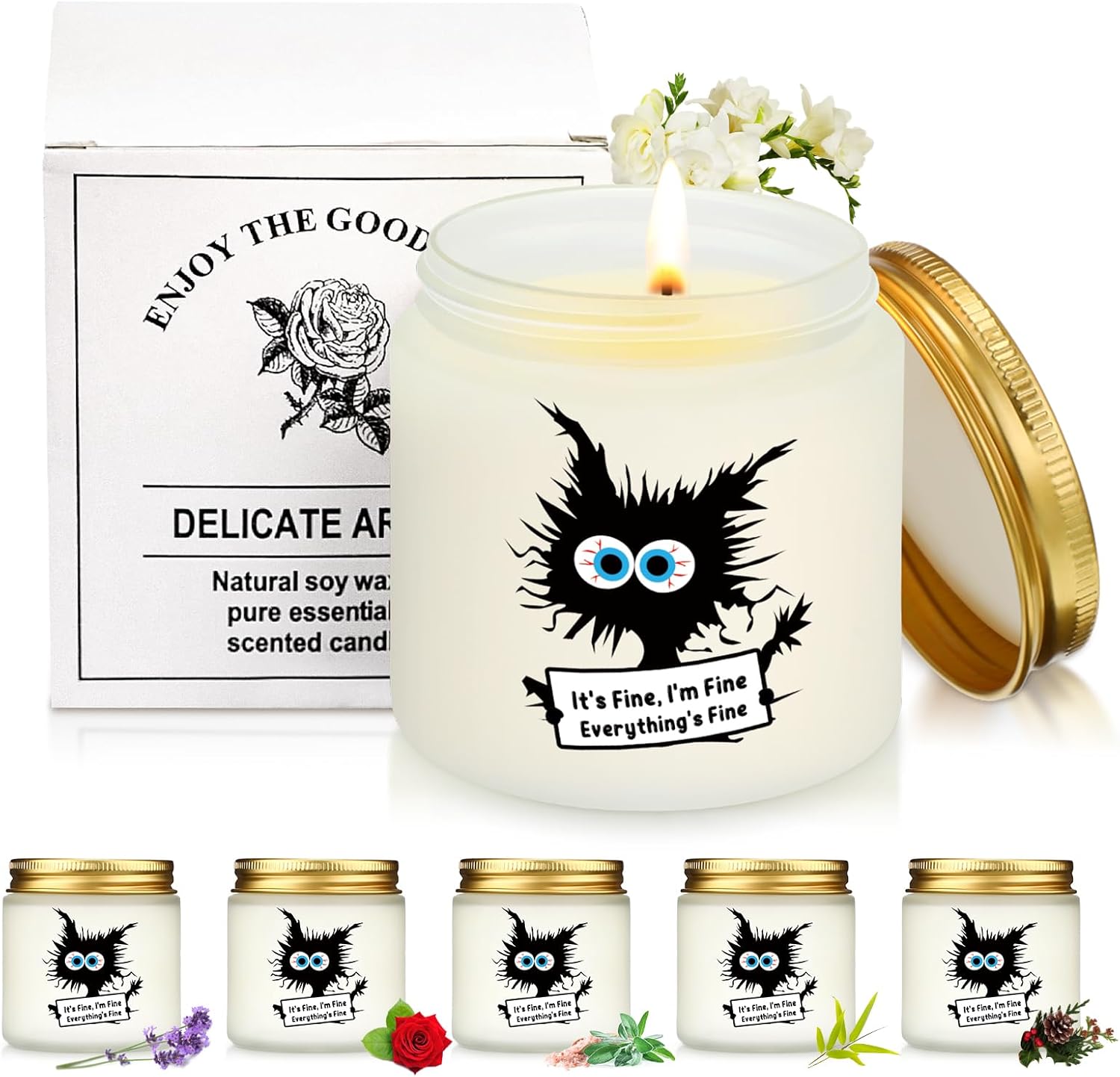 Conelist 6 Set Cat Lover Gifts for Women Employee Appreciation Gifts Funny Black Cat Scented Candles It's Fine Everything is Fine Inspirational 3.5 oz Soy Wax Jar Candles Gift for Teacher Coworker