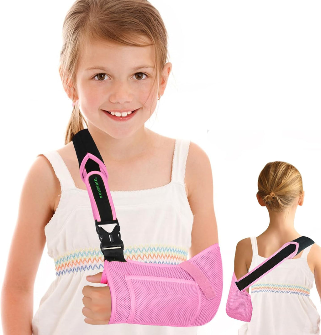 Arm Sling for Kids - Adjustable Breathable Shoulder Immobilizer with Pockets,Supports Rotator Cuff Injury,Wrist,Elbow,Clavicle Fracture Recovery,Post-Surgery Sling for Left or Right Arm(Pink,Small)