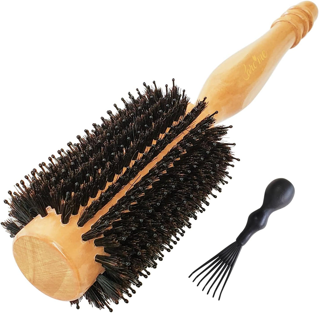 High-Density Boar Bristles Wood Round Brush for Blow-Drying, Straightening & Styling Medium to Long Fine or Normal Hair (Shoulder to Back-Length) for Shine & Volume, 1.2" Roller, 2.4" with Bristles