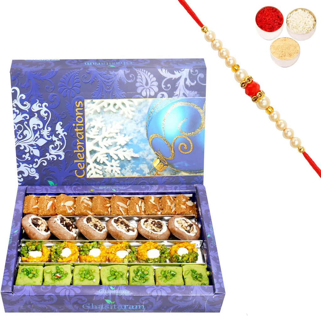 Ghasitaram Gifts Rakhi Gifts for Brothers Rakhi Sweets - Ghasitaram Gifts Assorted Box of Pista Barfi, Kesar Pista Delight, Choco Boat and Besan Barfi 800 GMS with Beads Rakhi