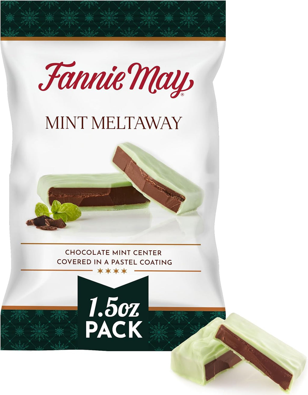 Fannie May Mint Meltaways, Individually Wrapped Mint Chocolate with Pastel Coating, Single Serve Holiday Treat, 1.5 oz