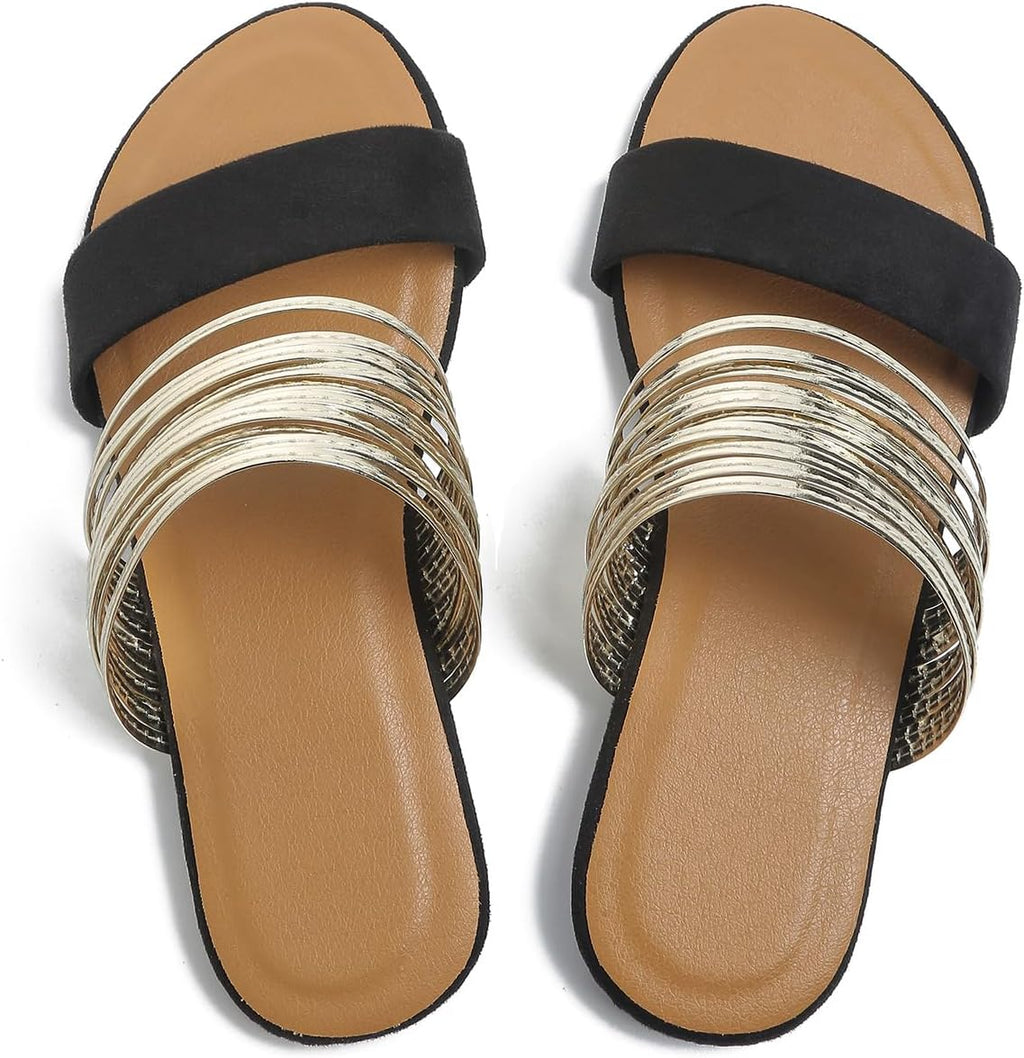 Sksshion Women's Metallic Strappy Flat Sandals Summer Slide Sandals Casual Shoes