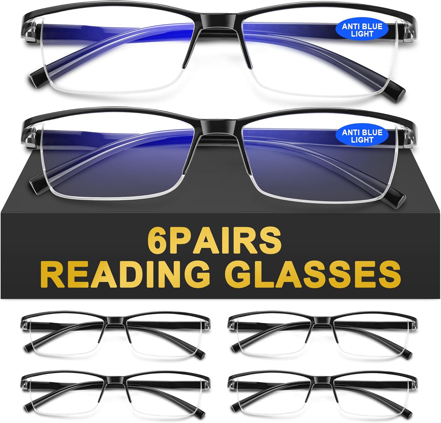 6Pack Reading Glasses Men,Spring Hinge Blue Light Blocking Readers,Anti Eyestrain Computer Magnifying Eyeglasses