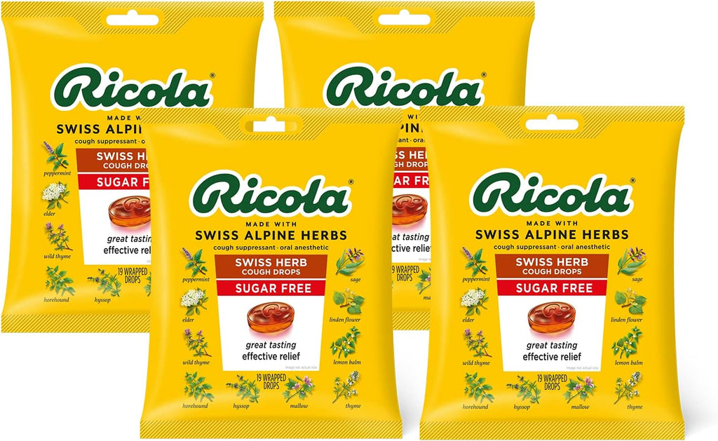 Ricola Sugar Free Swiss Herb Herbal Suppressant Throat Drops | Naturally Soothing Long-Lasting Relief -19 Count (Pack of 4) Bags