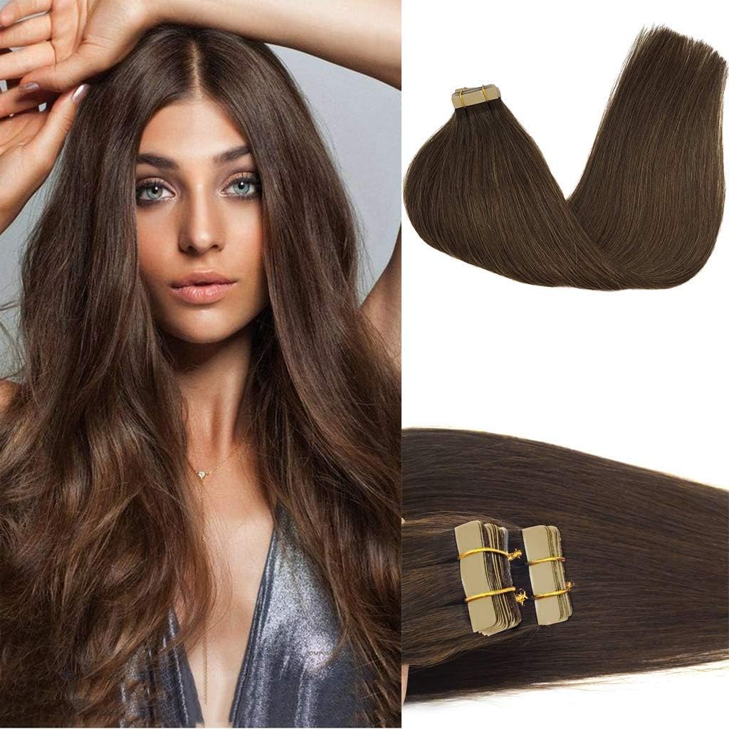 GOO GOO Tape in Hair Extensions Human Hair, 4A Chocolate Brown, 14inch 50g 20pcs, Skin Weft Seamless Invisible, Silky Straight with Thick Ends, Remy Human Hair