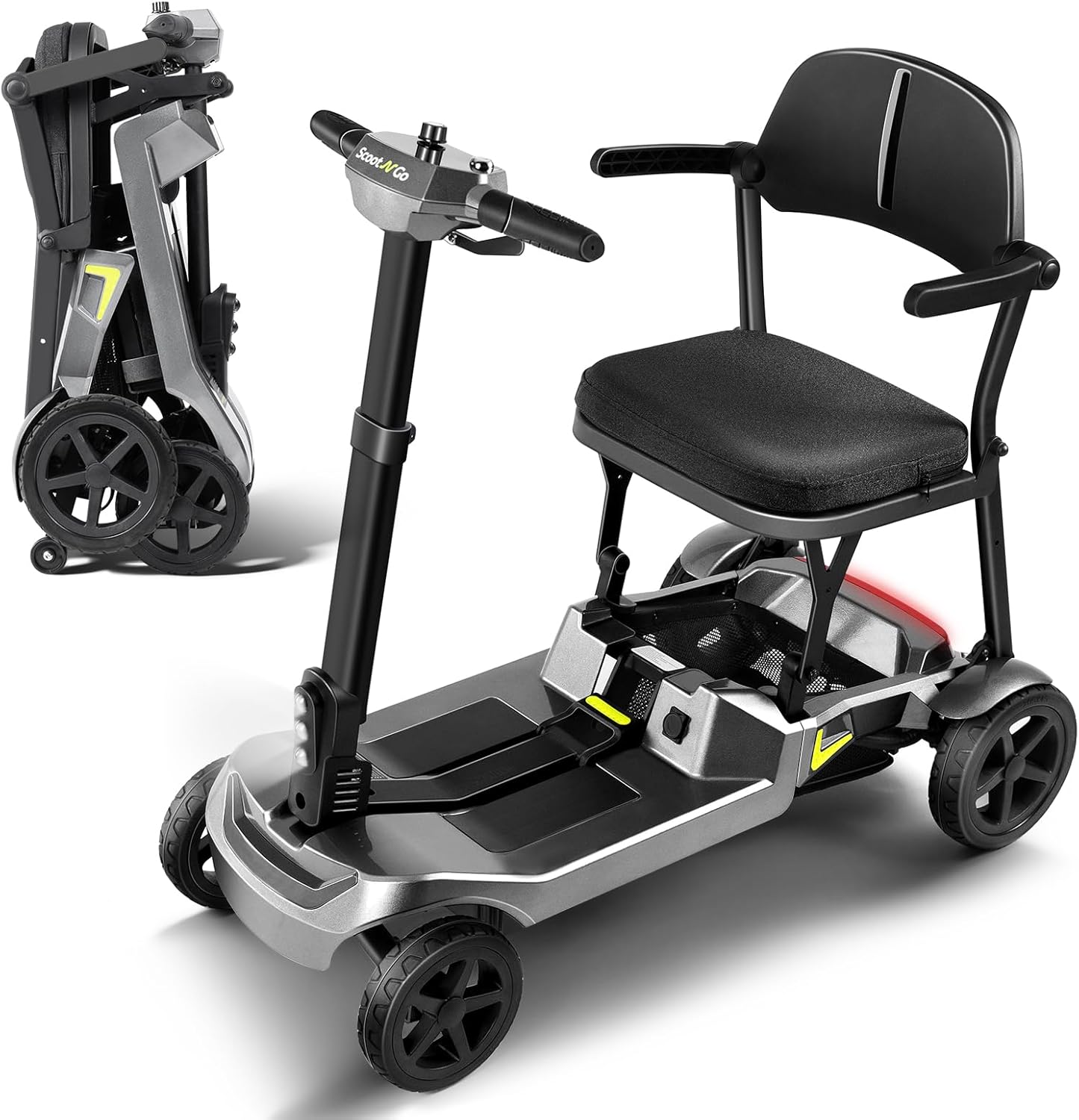 SCOOTNGO Mobility Scooters for Seniors, 4 Wheel Foldable Lightweight Airline Approved Mobility Scooter for Adults, Dual Batteries, Portable, No Assembly Needed (Silver Grey, Standard)