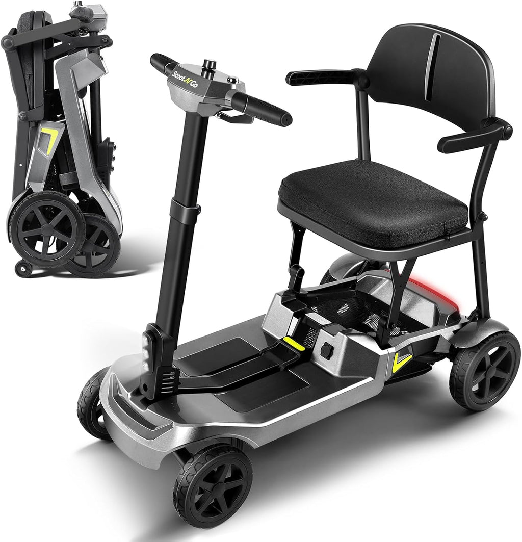 SCOOTNGO Mobility Scooters for Seniors & Adults, 4 Wheel Foldable Lightweight Airline Approved, Dual Removable Batteries, Portable for Travel, No Assembly Needed (Silver Grey, Classic)