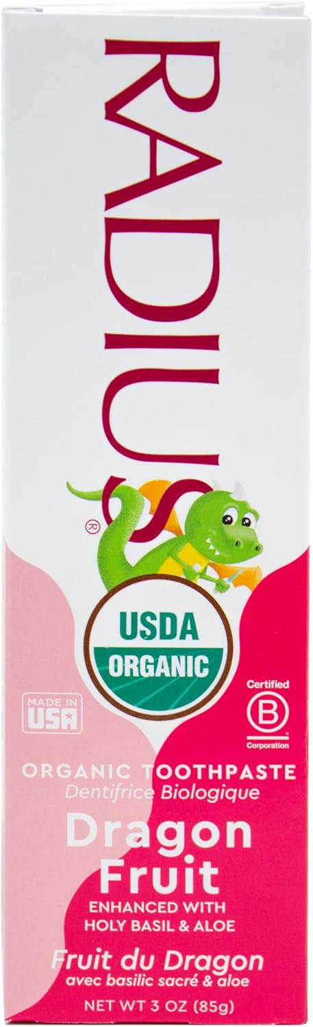 RADIUS USDA Organic Kids Toothpaste 3oz Non Toxic Chemical-Free Gluten-Free Designed to Improve Gum Health for Children's 6 Months and Up - Dragon Fruit - Pack of 1