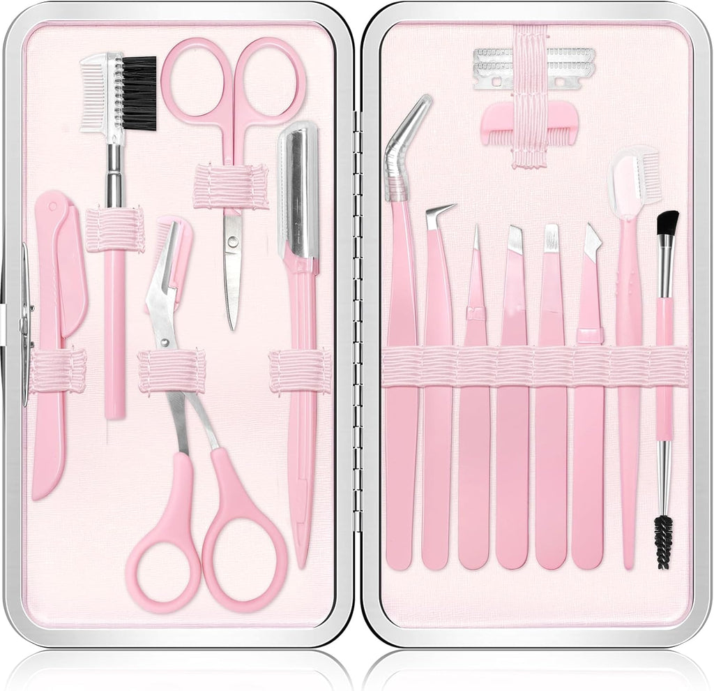 Eyebrow Kit, 17 in 1 Tweezers for Women Facial Hair, Hair Scissors with Comb, Eyebrow Trimmer, Brow Brushes, Hair Tools Travel Bag, Professional Grooming Tweezer Set