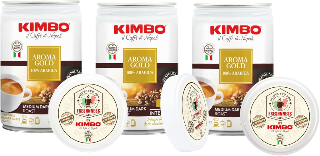 Kimbo Aroma Gold 100% Arabica Ground Coffee | Medium Dark Roast | 9/13 Intensity | Intense Flavor & Dark Chocolate Notes | 8.8 oz Can - Pack of 3
