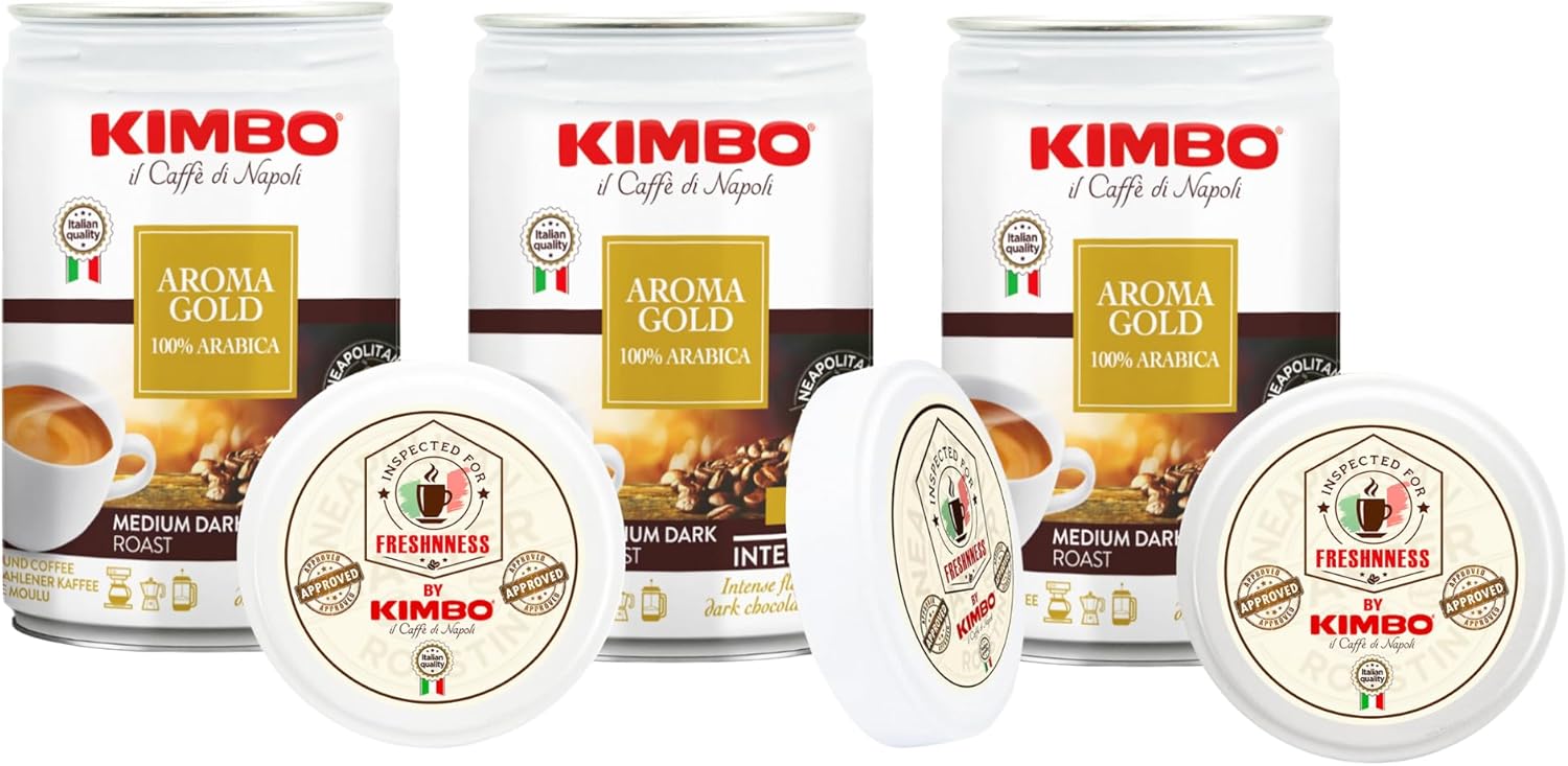 Kimbo Aroma Gold 100% Arabica Ground Coffee | Medium Dark Roast | 9/13 Intensity | Intense Flavor & Dark Chocolate Notes | 8.8 oz Can - Pack of 3