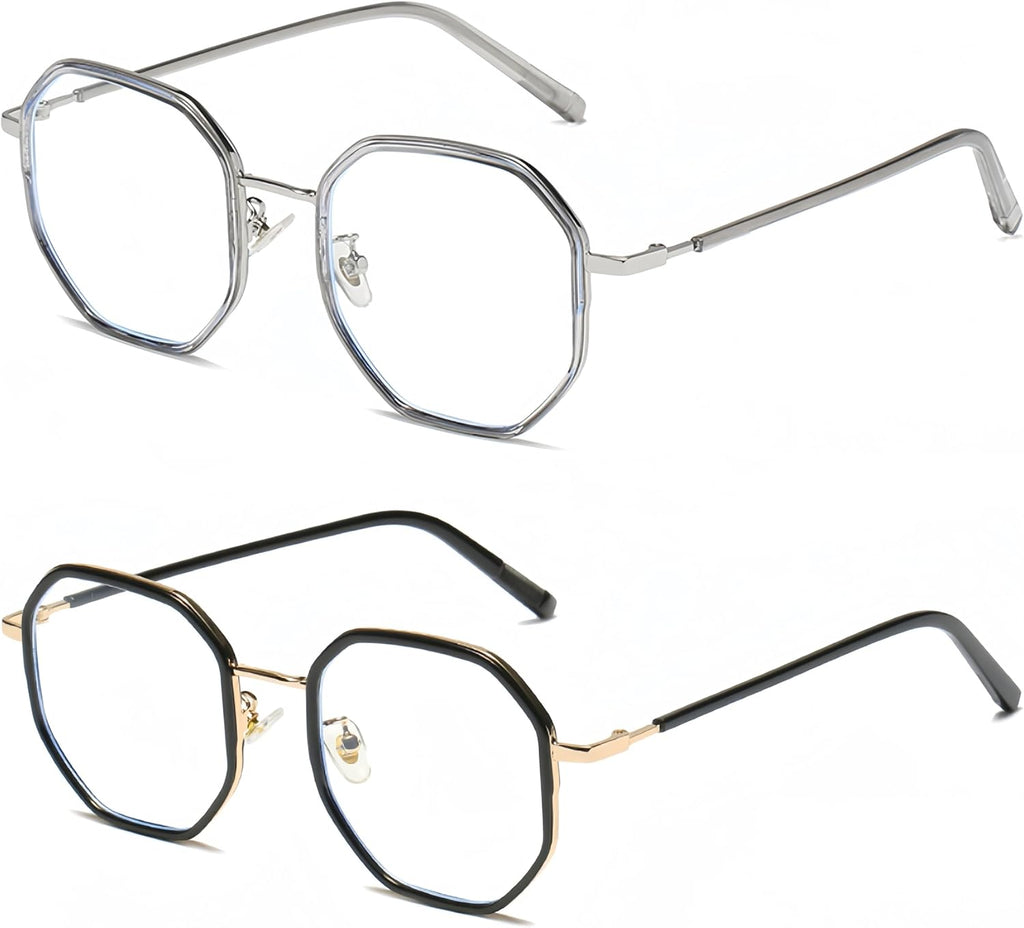 ICARA 2 Pack Polygon Blue Light Blocking Glasses for Women Men Vintage Octagon Square Metal Eyeglasses unisex lightweight