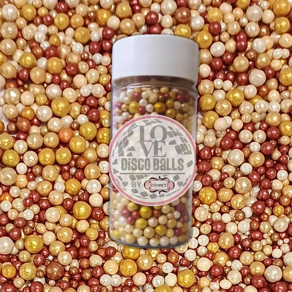 Confect Sprinkles - Love Disco Ball Sprinkles – Gold, Copper & White Pearl Mix – Edible Cake Decorating Balls for Cupcakes & Desserts – Vegan, Gluten-Free, Nut-Free, Soy-Free, Dairy-Free, Palm Oil-Free -4.2 Oz