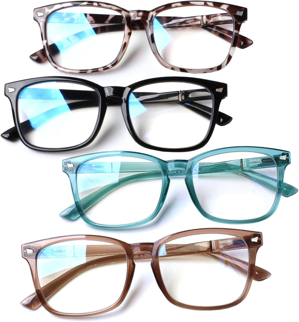 Henotin 4-Pack Blue Light Blocking Reading Glasses Women Men,Spring Hinge Computer Readers,Anti UV Ray Square Nerd Eyeglasses (4-pack Mix Color, 1.00, Diopters)