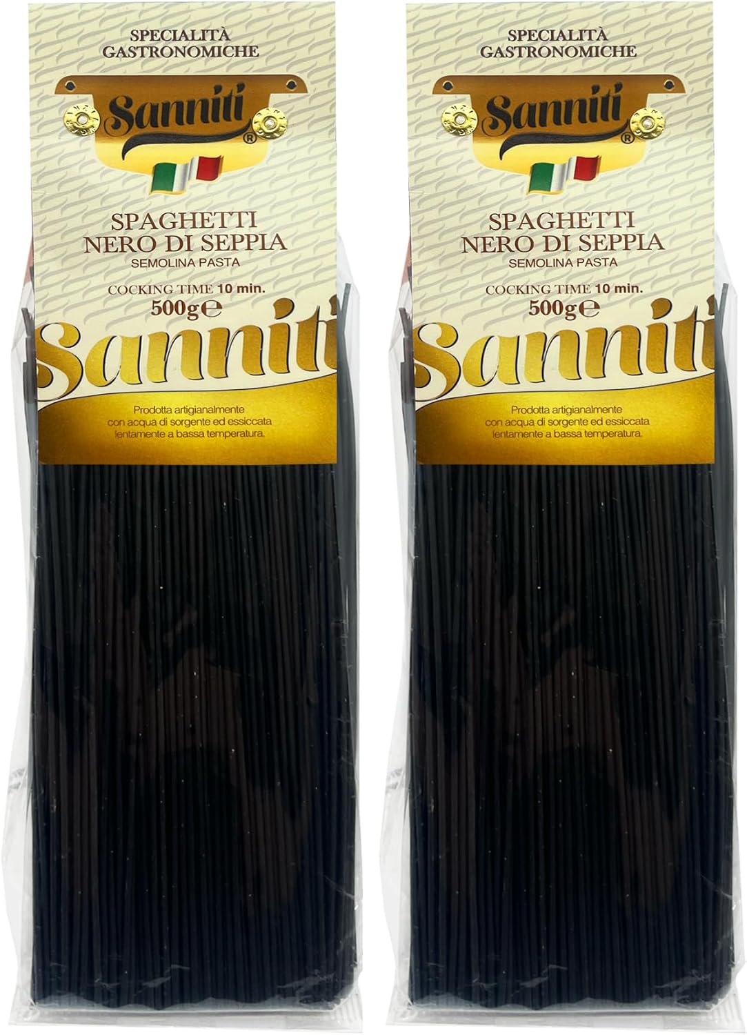 Sanniti Nero di Seppia Spaghetti, 500g | Premium Italian Squid Ink Pasta | Rich Gourmet Flavor | Crafted in Italy (Pack of 2)