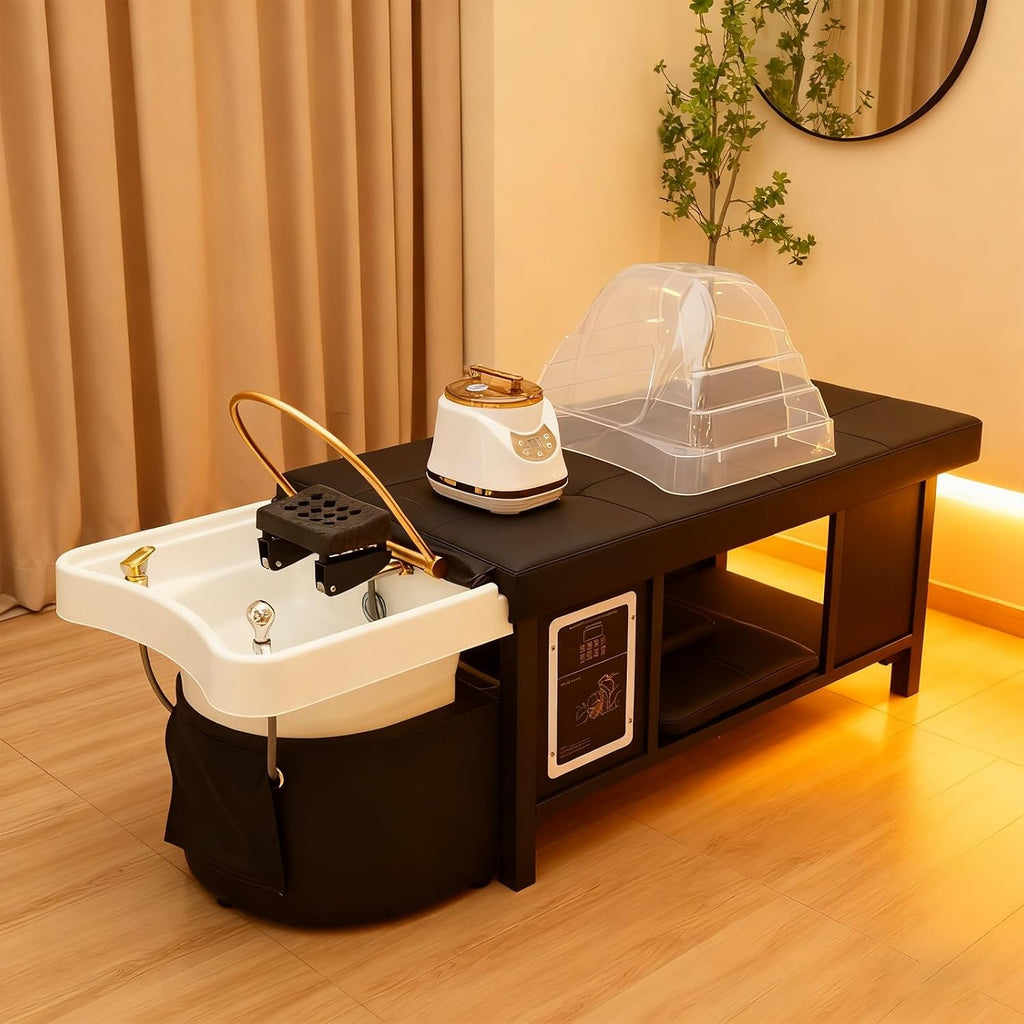 Massage Table with Shampoo Bowl Massage Bed, Head Spa Equipment with Water Cycle & Fumigation Stationary Head Spa Bed for Beauty Head Physical Salons Esthetician Treatment Wellness Resort, Black