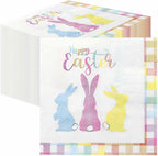 SietDESEO 50 Pieces 3-ply Easter Napkins Disposable Folded 5 x 5 Inches Gingham Cocktail Napkins Rabbit Paper Napkins for Dinner Kitchen Bathroom Easter Party Napkins