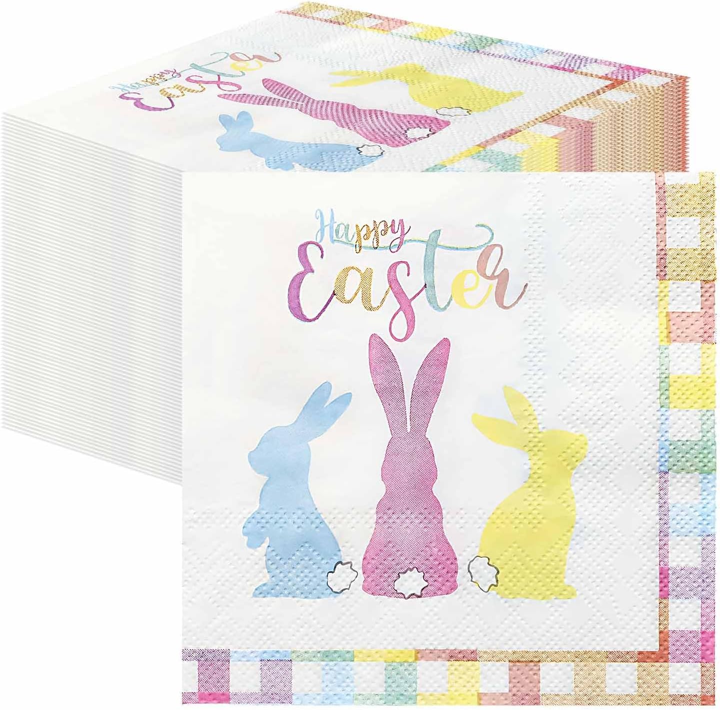 SietDESEO 50 Pieces 3-ply Easter Napkins Disposable Folded 5 x 5 Inches Gingham Cocktail Napkins Rabbit Paper Napkins for Dinner Kitchen Bathroom Easter Party Napkins