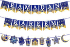 Ramadan Kareem Banner, Eid Mubarak Ramadan Decorations for Home, 3 In 1 Pre-Strung Eid Mubarak Banner, Purple Moon Star Islamic Muslim Banners for Eid Mubarak Ramadan Party Decoration Supplies