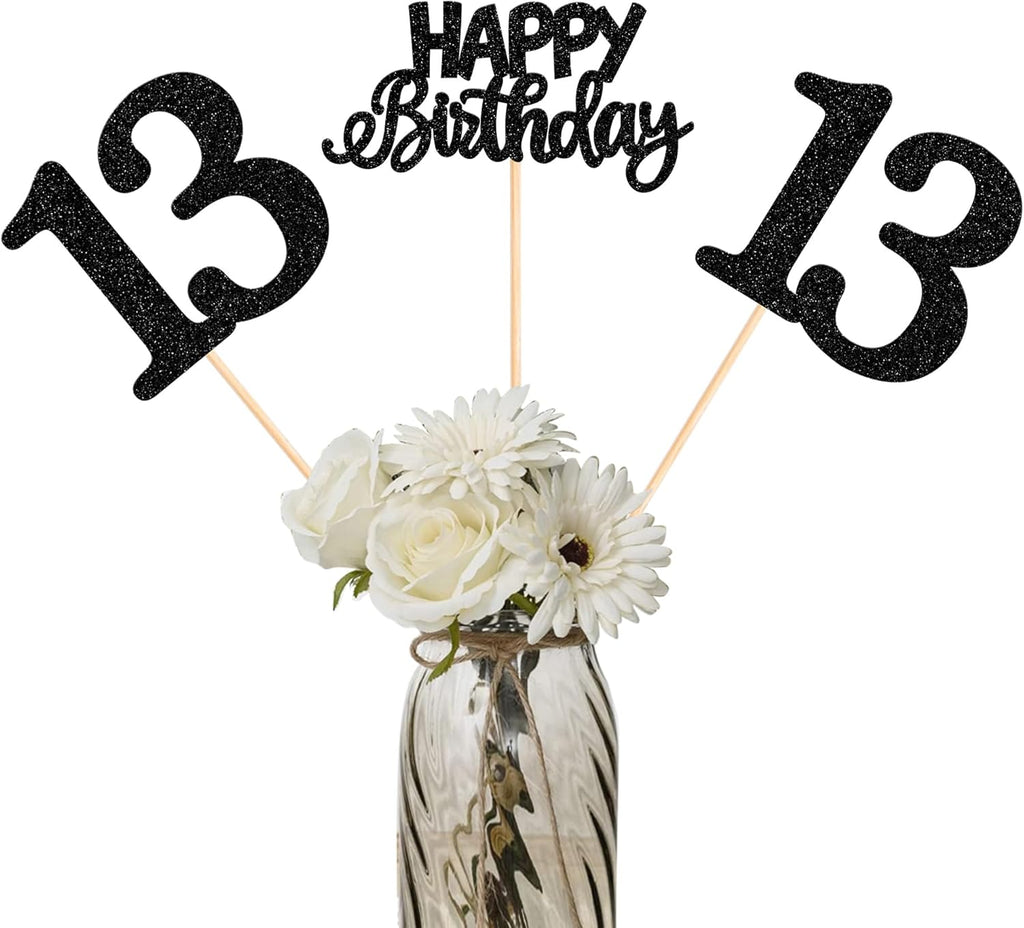 12 Pack Happy Birthday 13th Centerpiece Sticks Glitter Thirteen Cheers to 13 Years Old Table Centerpiece Sticks for 13 Fabulous Happy Birthday Theme Party Supplies Black