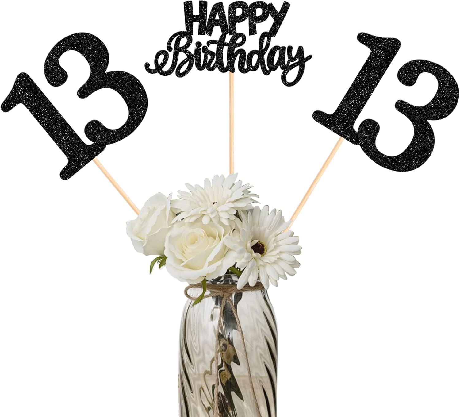 12 Pack Happy Birthday 13th Centerpiece Sticks Glitter Thirteen Cheers to 13 Years Old Table Centerpiece Sticks for 13 Fabulous Happy Birthday Theme Party Supplies Black