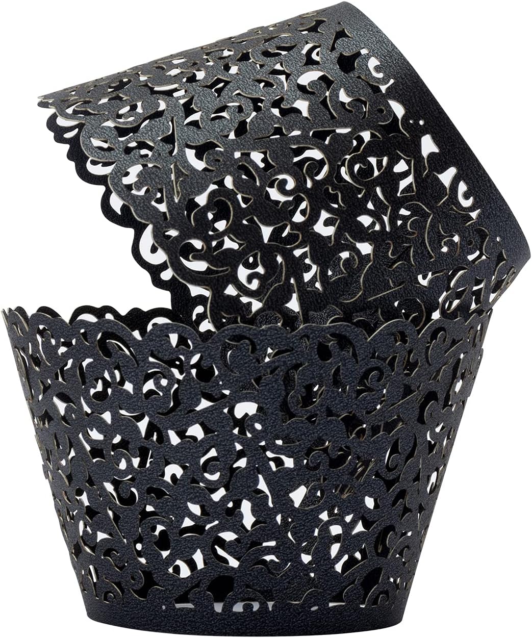 T-Language 50pcs Cupcake Wrappers Lace Cupcake Liners Laser Cut Artistic Bake Cake Paper Cups Muffin Paper Holders (Black)