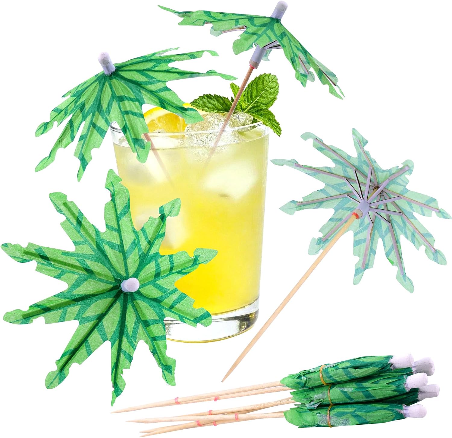 Framendino, 40 Pack Tropical Coconut Palm Tree Toothpicks Parasol Sticks Green Paper Umbrellas Picks Bamboo Toothpick for Drinks Cocktail Cupcake Toppers Fruit Ice Cream Hawaii Pool Party Decorations