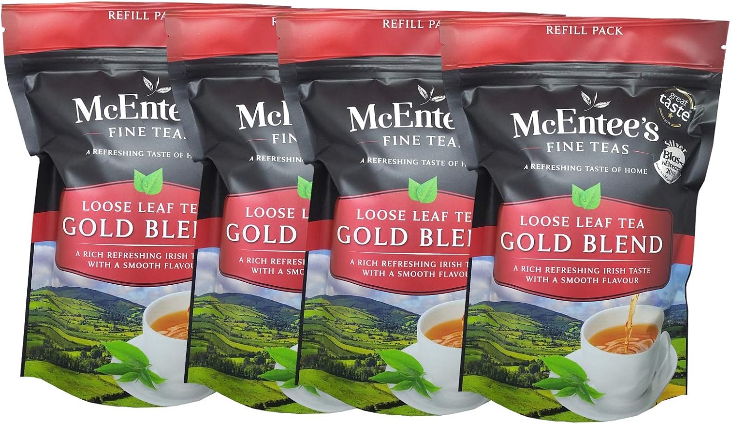 McEntee's Irish Loose Leaf Gold Blend Tea - (Pack of 4) - 250g Refill Bag - Expertly blended in Ireland to give that perfect cup of tea. A traditional Irish blend (Assam and Kenyan).