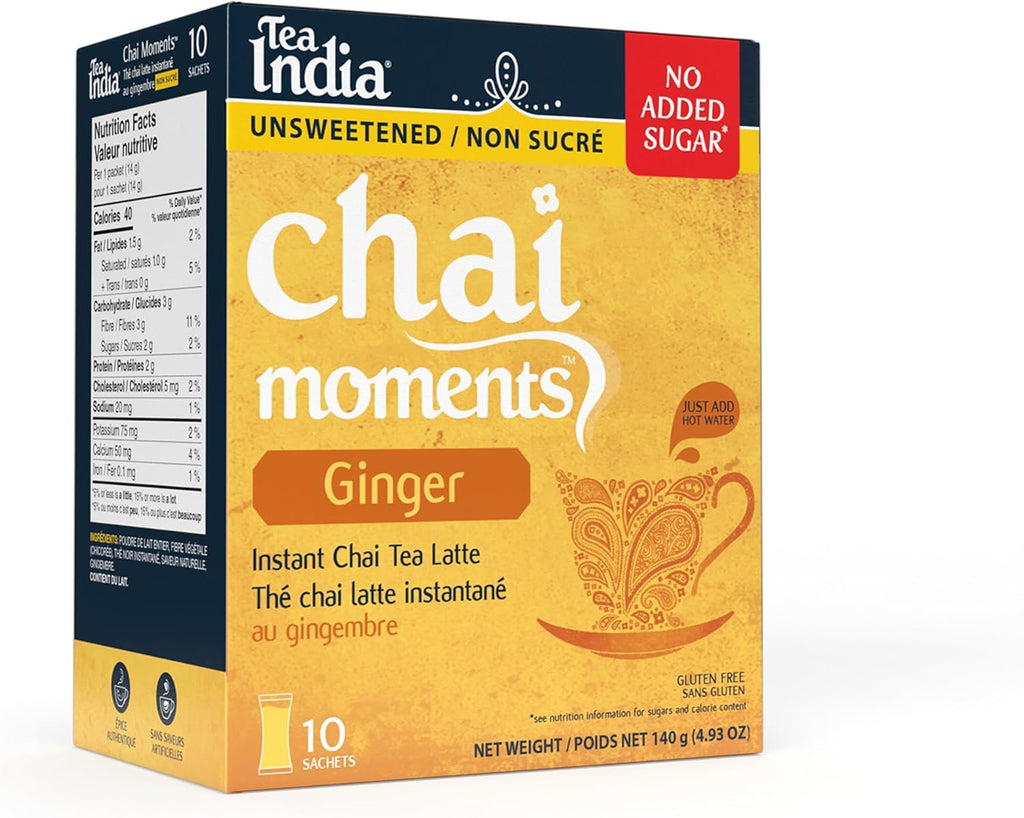 Tea India Chai Moments Unsweetened Ginger Chai Tea Instant Latte Mix Flavorful Blend Of Premium Black Tea, Ginger & Natural Ingredients Traditional Indian Caffeinated Tea Individually Wrapped 10 Sachets