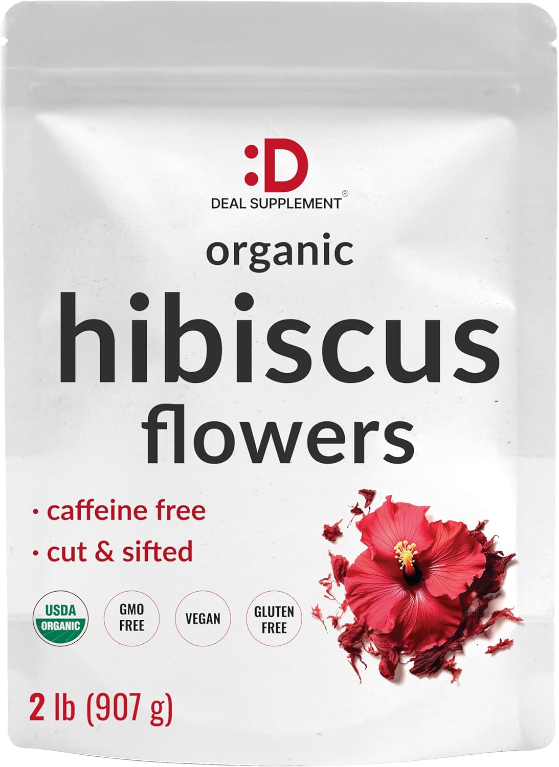 Dried Organic Hibiscus Flowers, 2 Pounds – Cut & Sifted Whole Leaves – Loose Leaf Flower Source – Raw Flavor & Aroma, Great for Refilling Tea Bags – Caffeine Free, No Sugar, Non-GMO