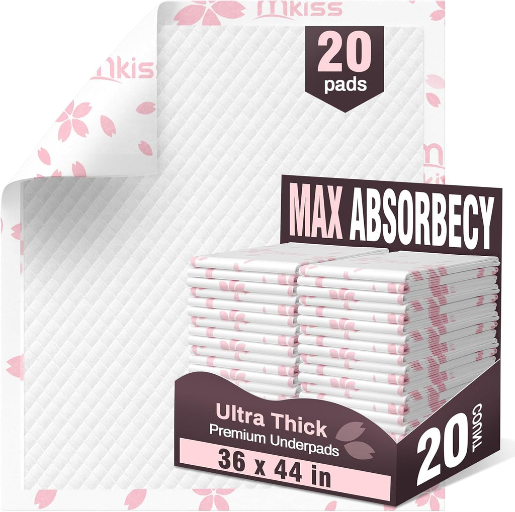 MKISS Heavy Duty Incontinence Underpads, 36" x 44", 20 Count-Super Absorbent Disposable Bed Pads, Tear-Resistant Chucks Pads for Adults, Kids, Elderly and Home Care