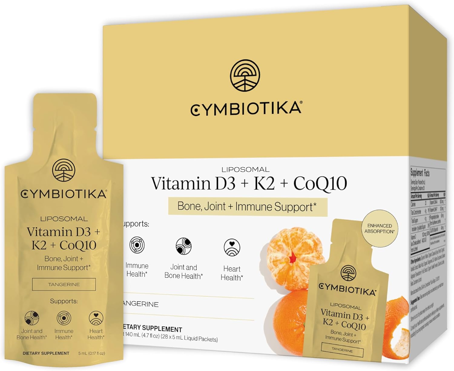 CYMBIOTIKA Liposomal Vitamin D3 + K2 + CoQ10 Liquid Supplement, Enhanced Absorption, Joint + Bone Health, Immune Support, Heart Health, Gluten Free, Soy Free, Plant-Based, 28 5 mL Packets