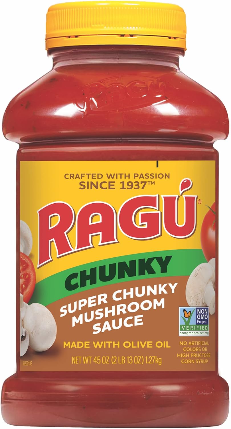 Ragu Chunky Super Chunky Mushroom Pasta Sauce with Hearty Mushrooms, Diced Tomatoes, and Italian Herbs and Spices, 45 OZ