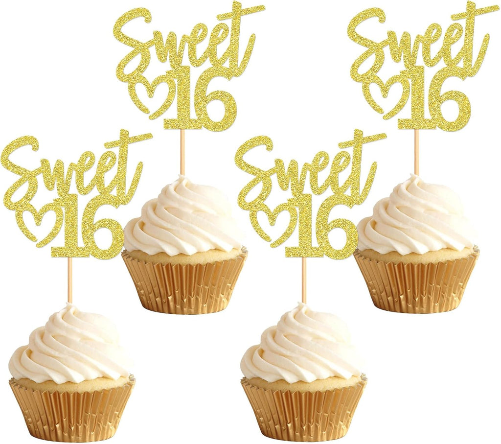 24 Pack Sweet 16 Cupcake Toppers Happy Sweet 16 Sweet Sixteen Birthday Cupcake Picks Happy 16 for 16th Birthday Adult Men Women Wedding Anniversary Party Cake Decorations Supplies gold