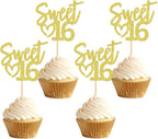 24 Pack Sweet 16 Cupcake Toppers Happy Sweet 16 Sweet Sixteen Birthday Cupcake Picks Happy 16 for 16th Birthday Adult Men Women Wedding Anniversary Party Cake Decorations Supplies gold