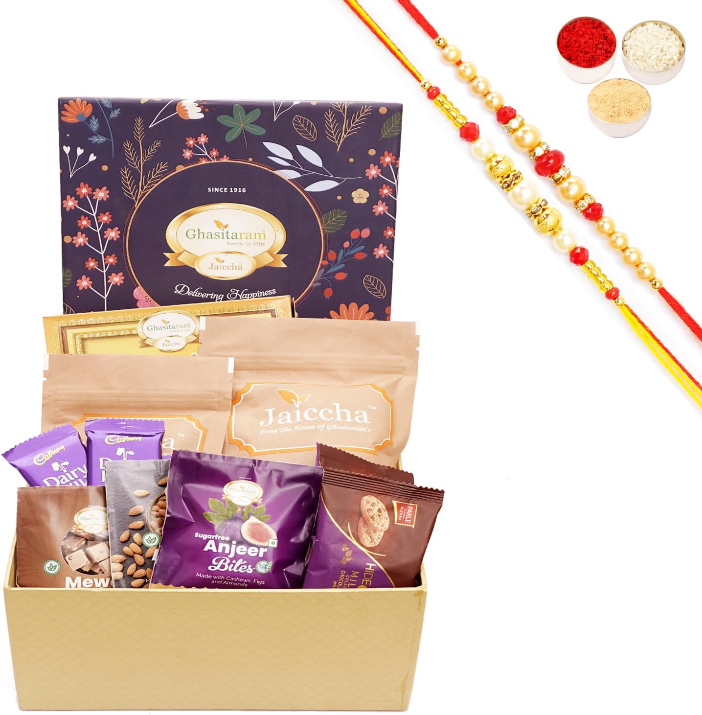 Ghasitaram Gifts Jaiccha Rakhi Gifts for Brothers - Ghasitaram Hamper Box with Sweets With Soan papdi with 2 Rakhis