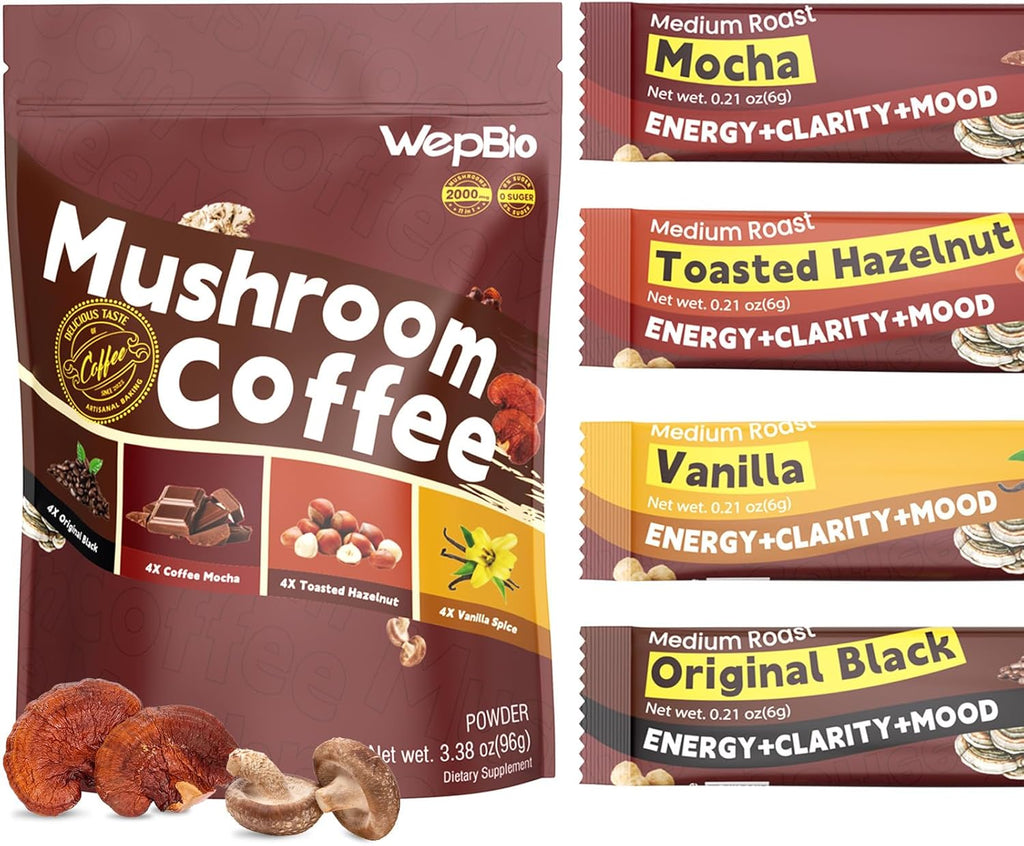Mushroom Coffee - 11 in 1 Mushroom Blend with Lions Mane,Ashwagandha KSM-66 & L-Theanine Instant Mushrooms Coffee Packets for Energy, Focus & Digestion Sugar-Free 16 Servings Variety Pack