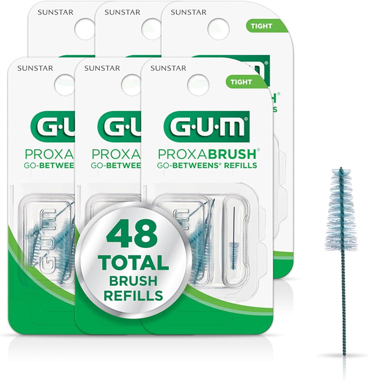 GUM Proxabrush Go-Betweens Refills - Tight - Compatible with GUM Permanent Handle -Reusable Interdental Brushes for Tight Teeth - Soft Bristled Dental Picks, 8 Count (Pack of 6) 48 Total
