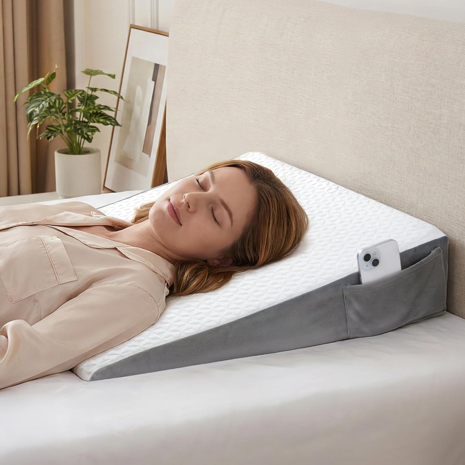 Vekkia 24" x 24" x 5.5" Bed Wedge Pillow for Sleeping – Triangle Pillow for Sleep Apnea, Acid Reflux, Snoring & Back Support, Post-Surgery Recovery, with Pockets & Washable Cover