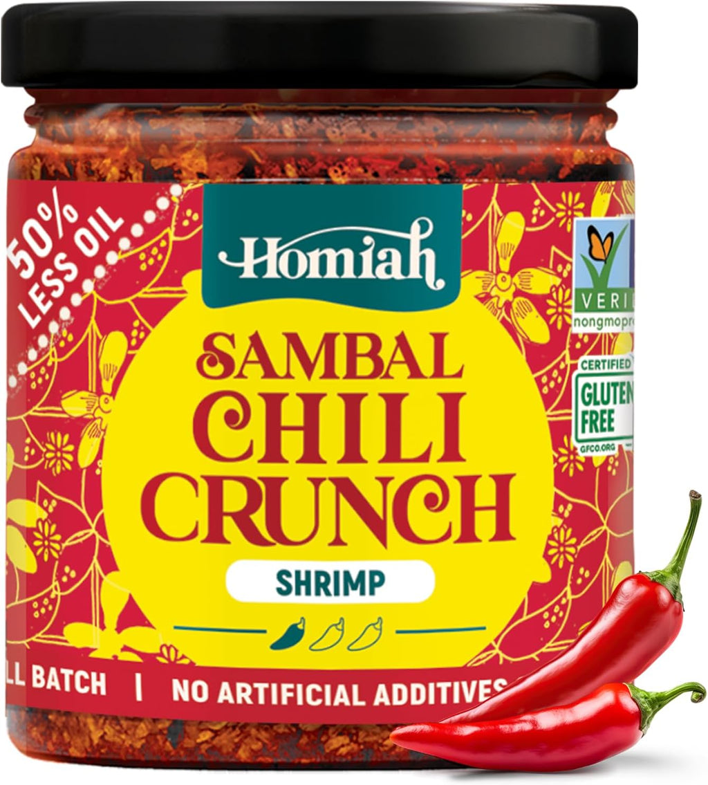 Homiah Sambal Chili Crunch, Shrimp, 6oz - Less Oil Low Sodium Gluten Free Non-GMO, Sambal Oelek Chili Paste, Shrimp Paste, Crispy Crunch Topping – Mild