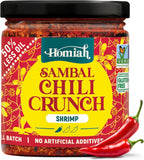 Homiah Sambal Chili Crunch, Shrimp, 6oz - Less Oil Low Sodium Gluten Free Non-GMO, Sambal Oelek Chili Paste, Shrimp Paste, Crispy Crunch Topping – Mild