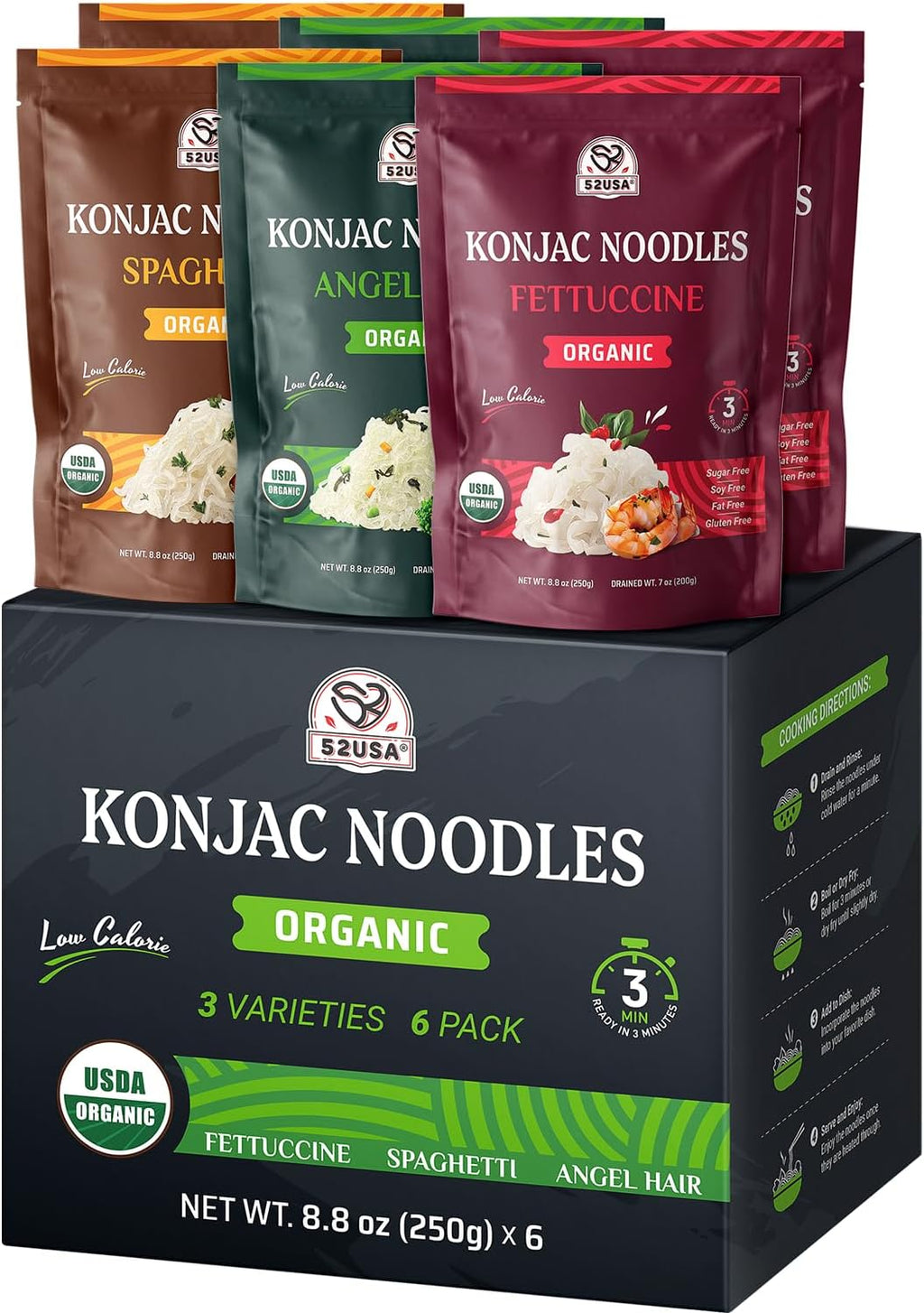 52USA Organic Konjac Shirataki Noodle, Low Carb Pasta 52.8 Oz (1500 g), Angel Hair, Fettuccine, USDA Organic Healthy Spaghetti Noodles (3 Variety - 6 Pack Inside), Keto and Paleo Friendly, Low Calorie, Sugar Free, Vegan, Ready to Eat