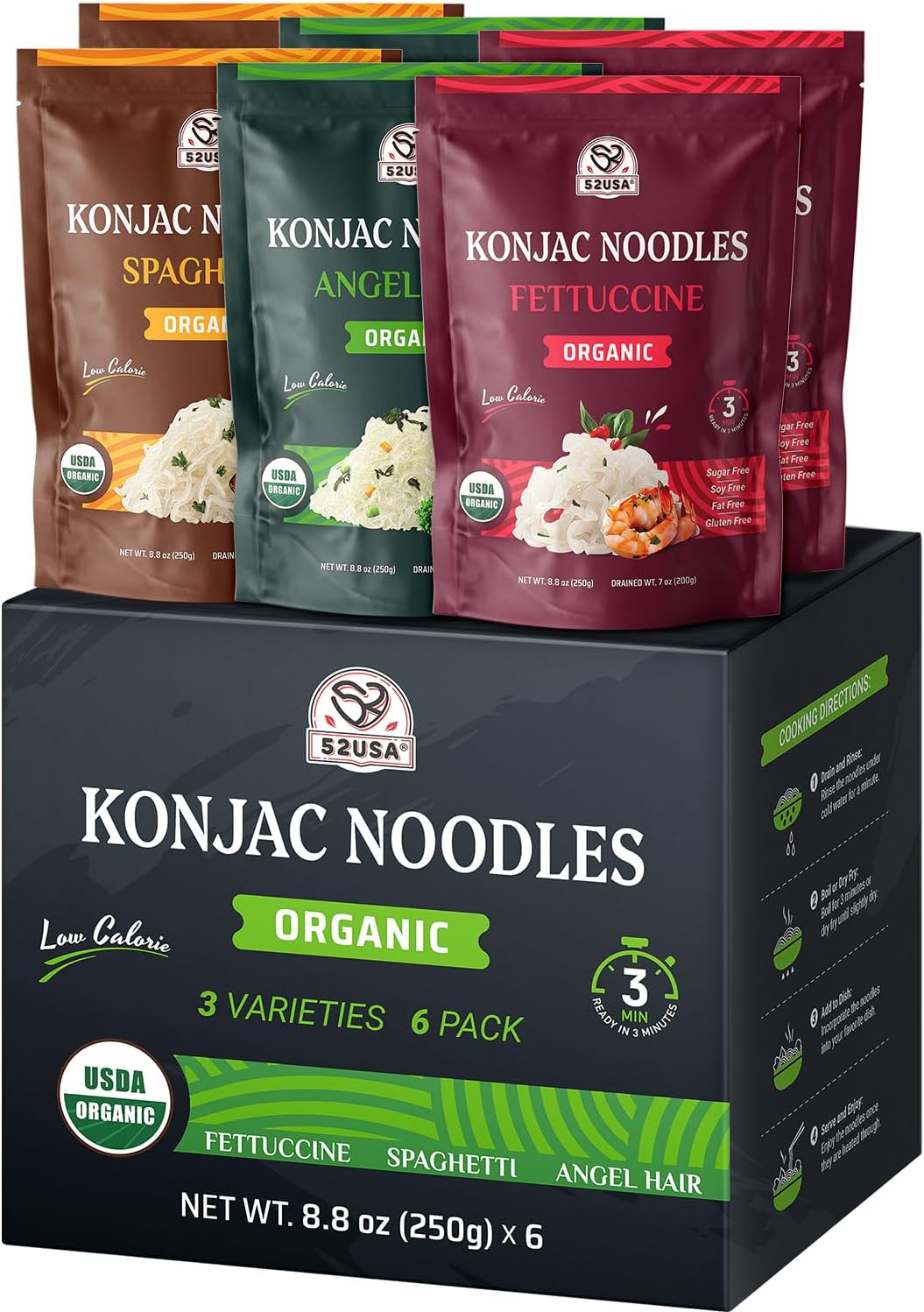 52USA Organic Konjac Shirataki Noodle, Low Carb Pasta 52.8 Oz (1500 g), Angel Hair, Fettuccine, USDA Organic Healthy Spaghetti Noodles (3 Variety - 6 Pack Inside), Keto and Paleo Friendly, Low Calorie, Sugar Free, Vegan, Ready to Eat