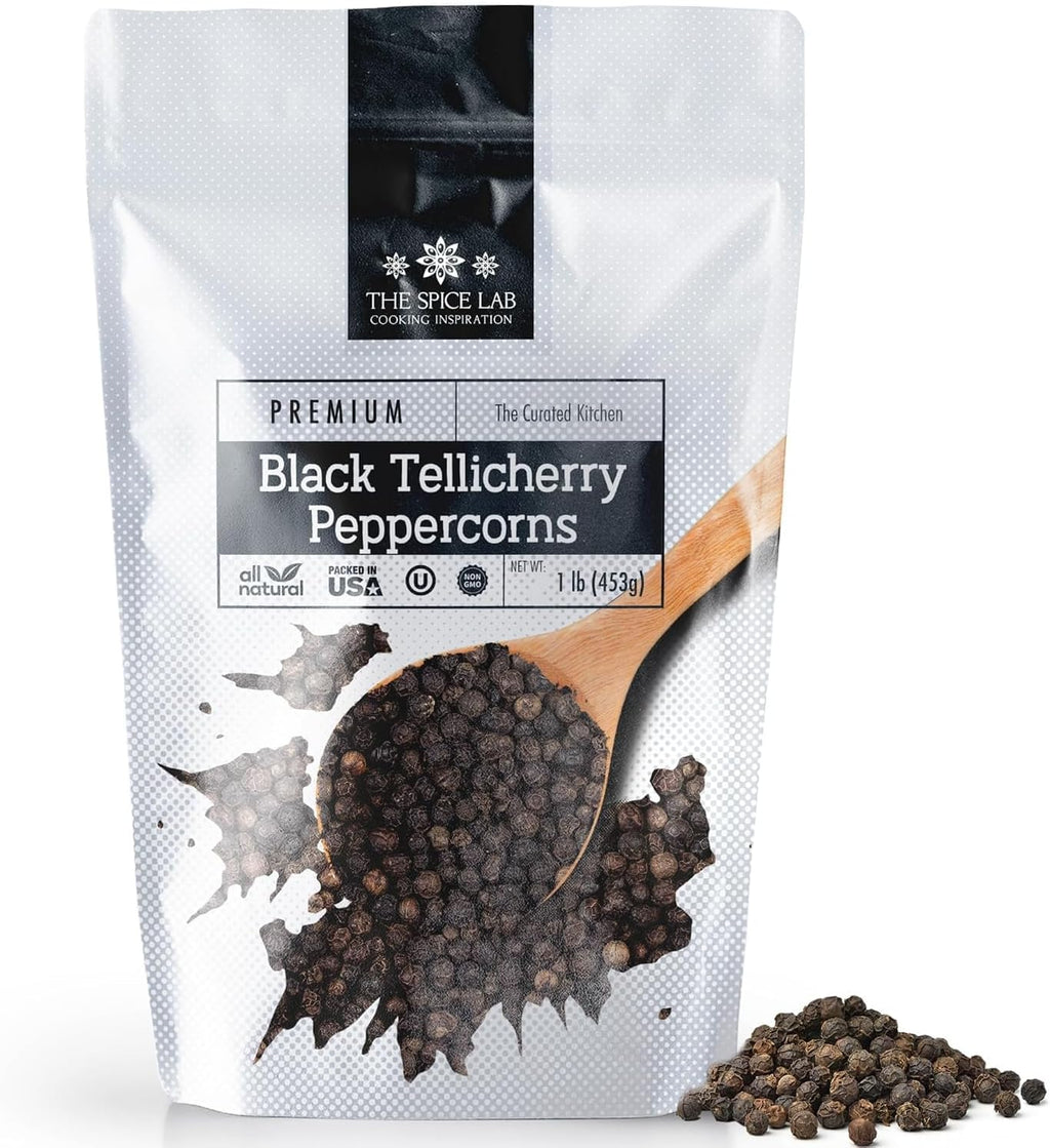 Tellicherry Black Peppercorns for Grinder Refill - Packed in the USA - Steam Sterilized Kosher Non-GMO All Natural Whole Black Peppercorn (1Lb Bag) By The Spice Lab