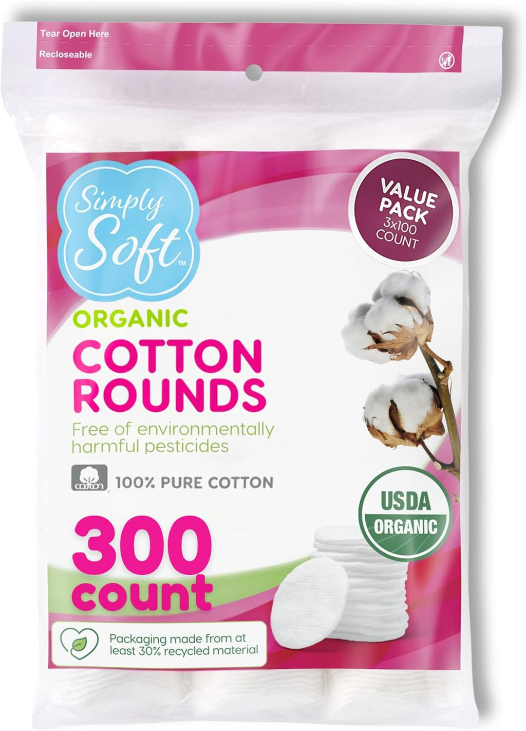 Simply Soft Premium Organic Cotton Rounds, 100 Count (Pack of 3), 100% Cotton Pads, Certified Organic, Hypoallergenic, Soft & Absorbent for Beauty, Cosmetics, Skin Care, Lint Free